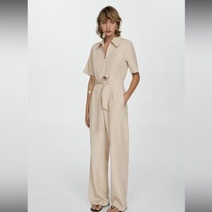 Mango Neutral Beige Short-Sleeve Tie-Waist Jumpsuit